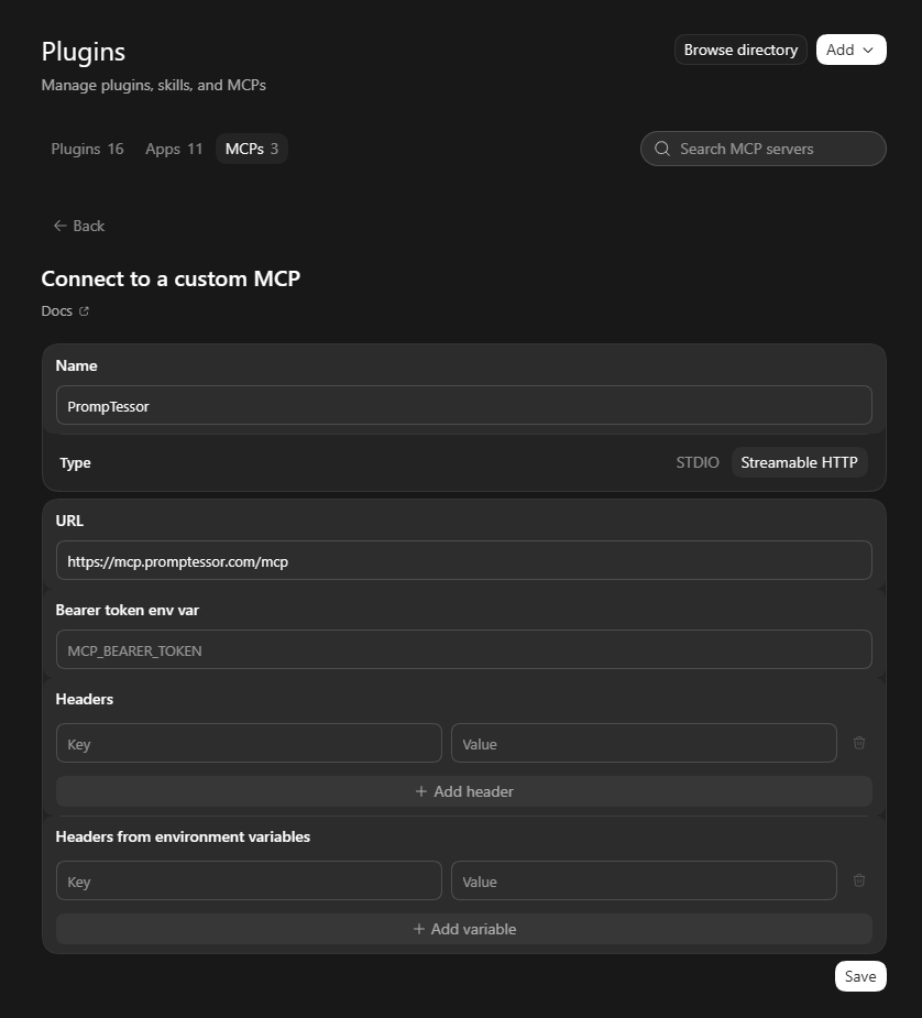 Codex custom MCP settings with PrompTessor name, Streamable HTTP transport, and server URL