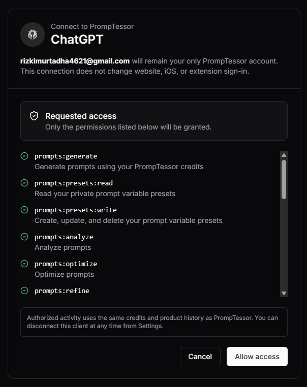 PrompTessor OAuth consent screen for ChatGPT showing requested access and the Allow access button