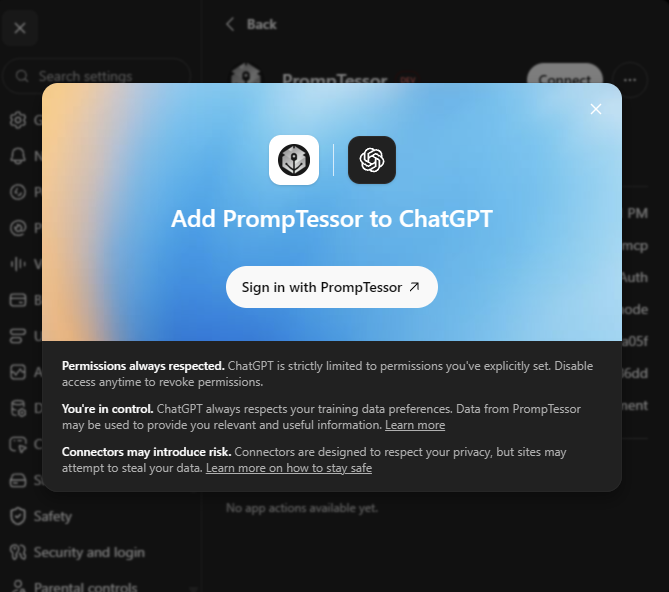 ChatGPT connector dialog showing the Sign in with PrompTessor button