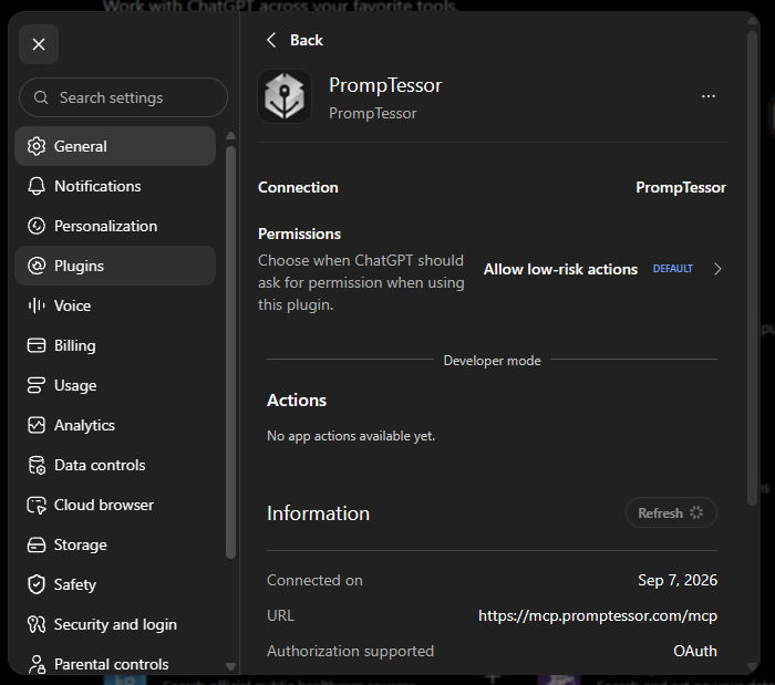 ChatGPT PrompTessor plugin settings with an empty Actions section and Refresh button