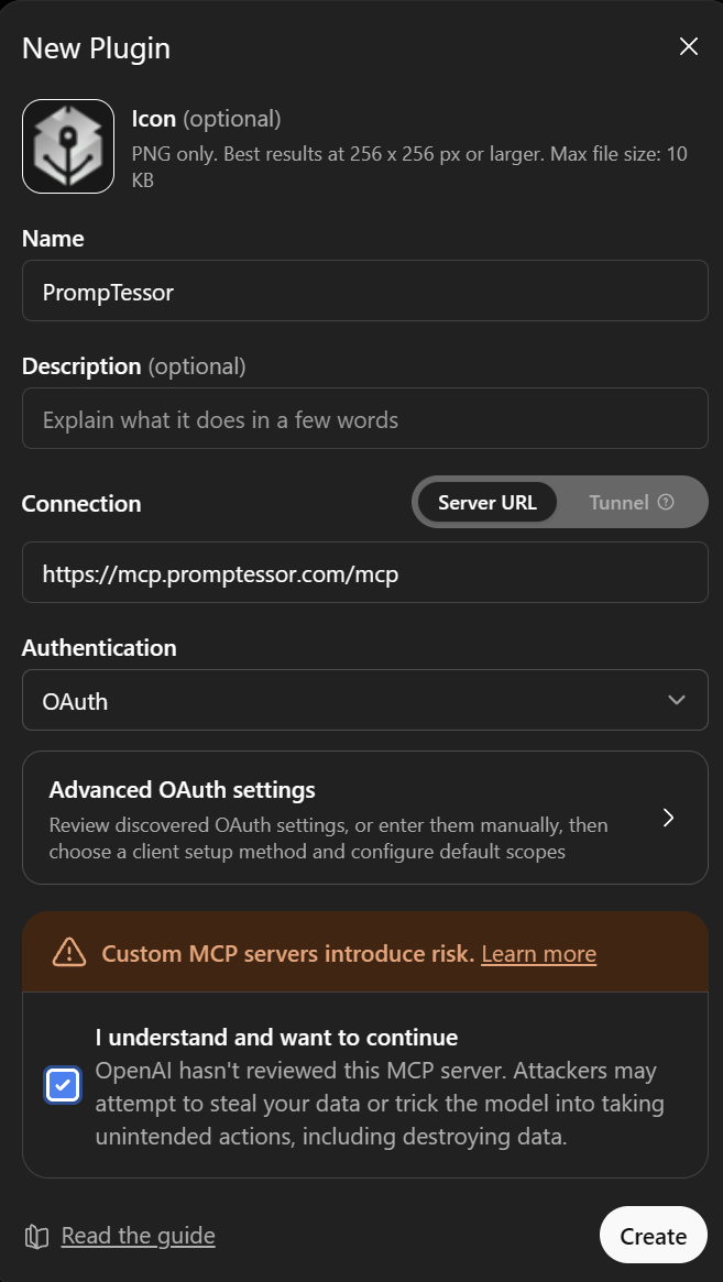 ChatGPT New Plugin configuration showing the PrompTessor icon, name, MCP server URL, and OAuth authentication