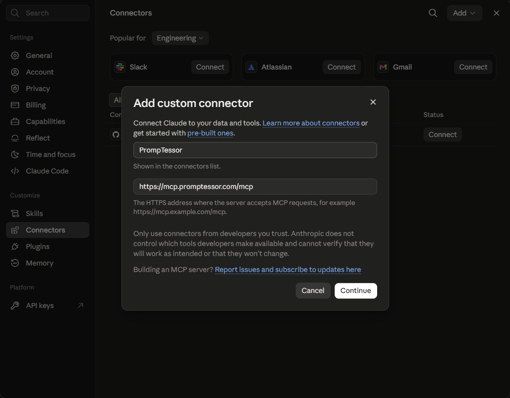 Claude Add custom connector dialog with the PrompTessor name and MCP server URL