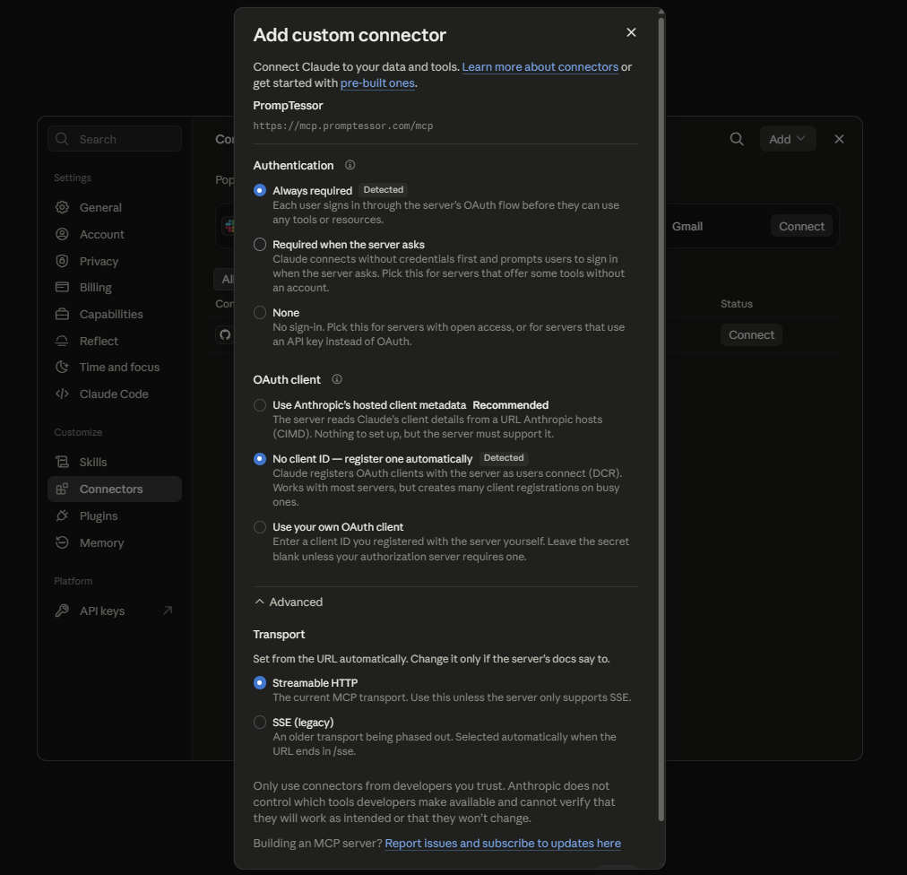 Claude custom connector settings showing OAuth authentication, automatic client registration, and Streamable HTTP
