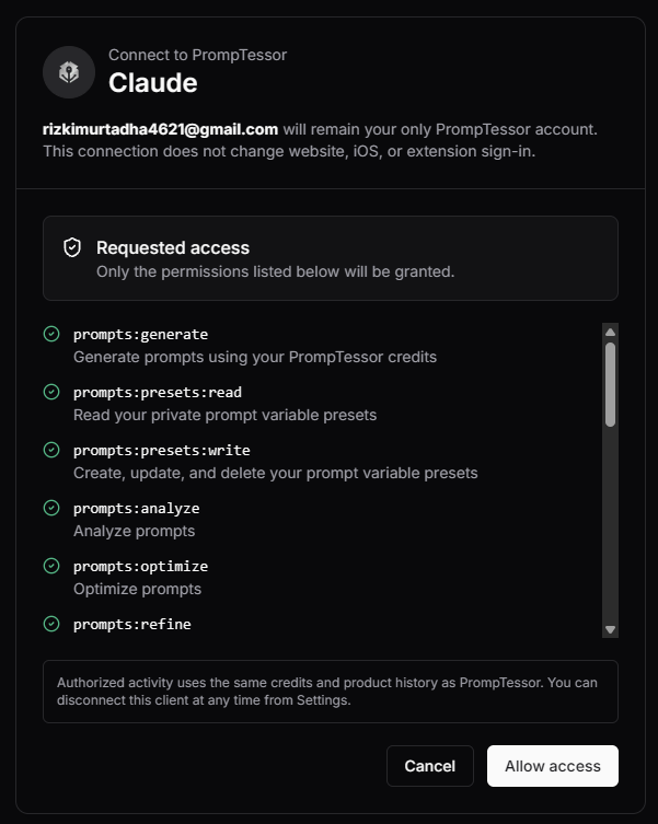 PrompTessor OAuth consent screen for Claude showing requested access and the Allow access button