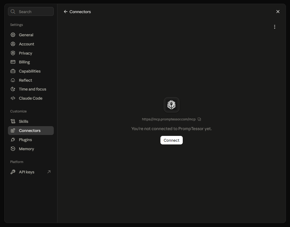 Claude PrompTessor connector details page with the Connect button