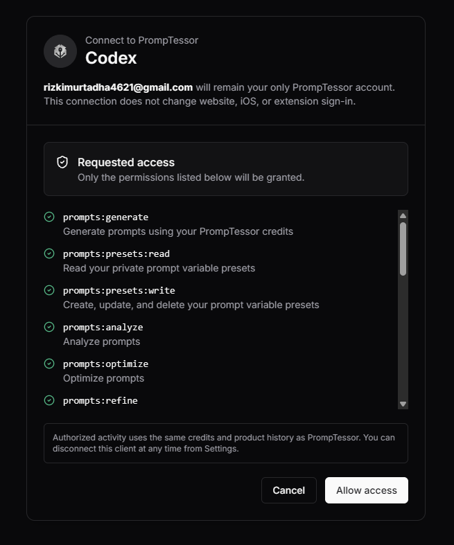 PrompTessor OAuth consent screen for Codex showing requested access and the Allow access button
