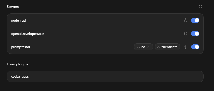 Codex MCP server list showing the Authenticate button for PrompTessor