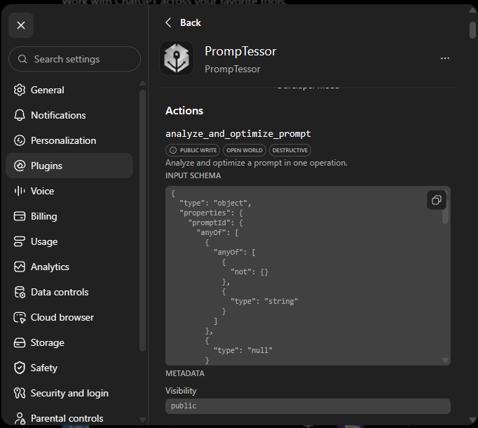 ChatGPT PrompTessor plugin settings showing a discovered MCP action and its input schema